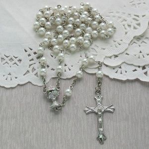 Faux Pearl Rosary with Silver Plated Accents